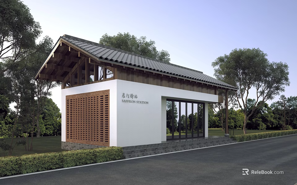 Traditional Chinese Post Station With Wooden Roof White Walls And Green Trees 3d model 