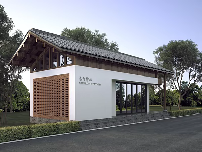 Traditional Chinese Post Station With Wooden Roof White Walls And Green Trees 3d model