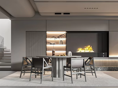 Modern Open Concept Restaurant Interior Design With Dining Table Chairs And Pendant Lights 3d model