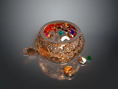 Sparkling Golden Inlaid Container Filled With Colorful Gemstones And Scattered Gems 3d model