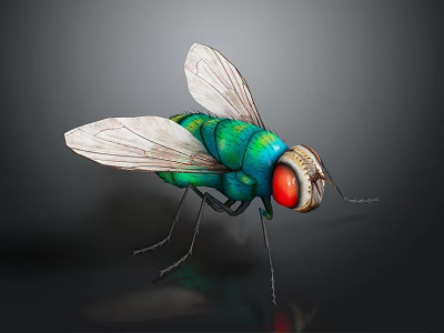 Close Up View Of Colorful Fly With Green Body Red Eyes And Transparent Wings 3d model