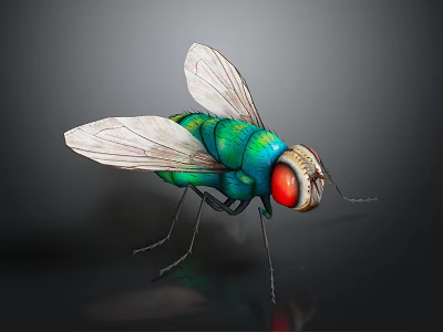 Close Up View Of Colorful Fly With Green Body Red Eyes And Transparent Wings 3d model