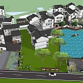 Residential Garden Landscape With White Buildings Green Lawns Trees And Pond