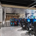 Modern Gaming Cafe Interior With Multiple Gaming PCs Ergonomic Chairs And Wooden Panel Walls