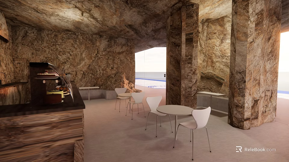 Cave Style Cafe With Stone Walls White Tables Chairs Bar And Sea View Through Window 3d model 