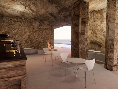 Cave Style Cafe With Stone Walls White Tables Chairs Bar And Sea View Through Window 3d model