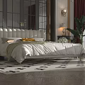 Elegant Double Bed with White Headboard Bedspread Pillows Nightstand Table Lamp and Black White Rug