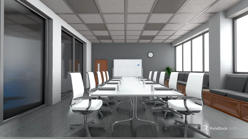 Modern Conference Room Interior Design With Long Table White Chairs Whiteboard And Large Windows 3d model 
