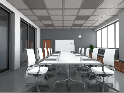 Modern Conference Room Interior Design With Long Table White Chairs Whiteboard And Large Windows 3d model