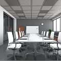 Modern Conference Room Interior Design With Long Table White Chairs Whiteboard And Large Windows
