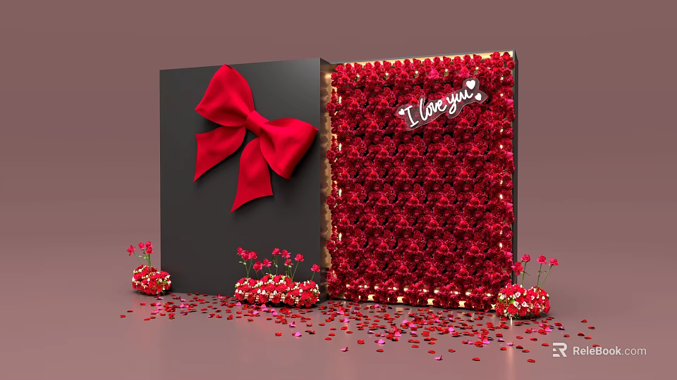Black Gift Box With Red Bow And Red Rose Decoration Board I Love You Text 3d model 