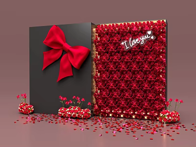 Black Gift Box With Red Bow And Red Rose Decoration Board I Love You Text 3d model