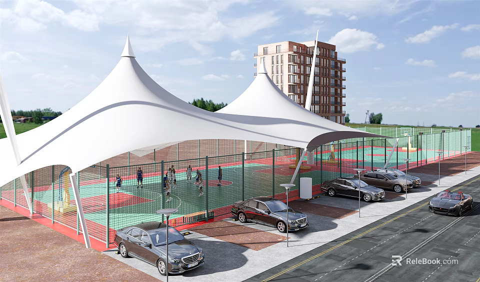 Outdoor Basketball Court With White Canopy Roof And Parking Area Near High Rise Buildings 3d model 