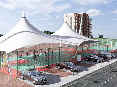 Outdoor Basketball Court With White Canopy Roof And Parking Area Near High Rise Buildings 3d model