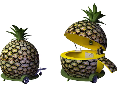 Pineapple Shaped Mobile Storage Cart With Closed And Open Design Yellow Interior And Wheels 3d model