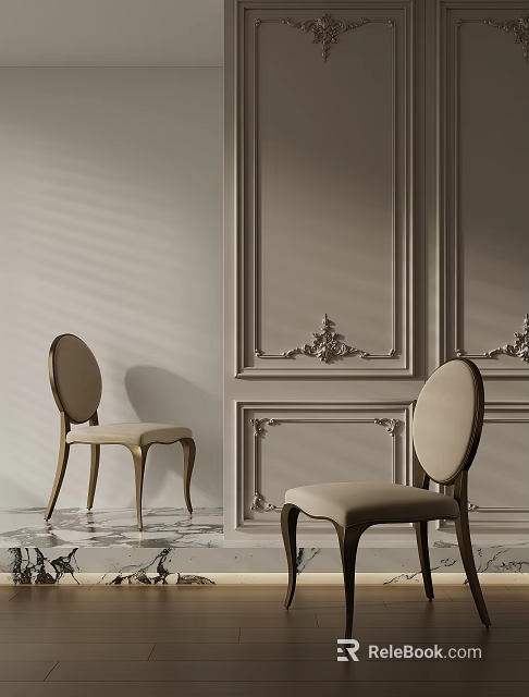 Elegant Beige Accent Chair With Curved Wooden Legs Against Ornate Paneled Wall And Marble Flooring 3d model 