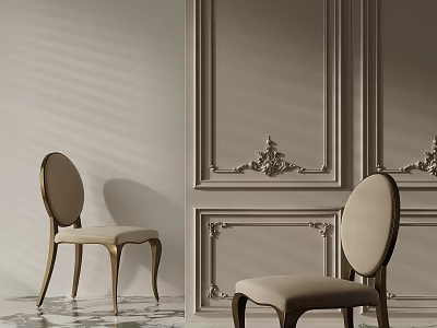 Elegant Beige Accent Chair With Curved Wooden Legs Against Ornate Paneled Wall And Marble Flooring 3d model