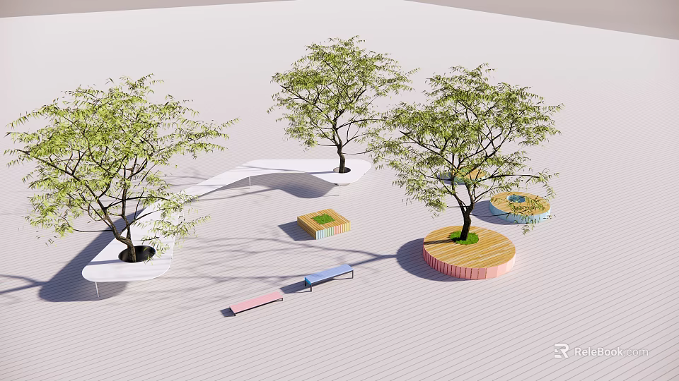 Colorful Tree Planters In Various Shapes With Green Trees On Paved Ground 3d model 