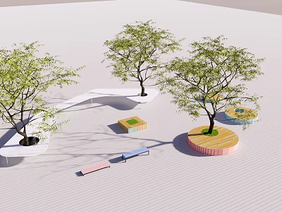 Colorful Tree Planters In Various Shapes With Green Trees On Paved Ground 3d model