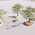 Colorful Tree Planters In Various Shapes With Green Trees On Paved Ground