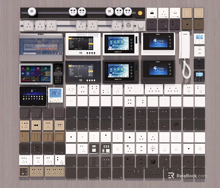 Diverse Smart Switch Panels With Colorful Designs Screens And Electrical Sockets 3d model
