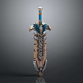 Ornate Fantasy Sword with Intricate Gold Blue Design and Decorative Hilt Sheath 3d model