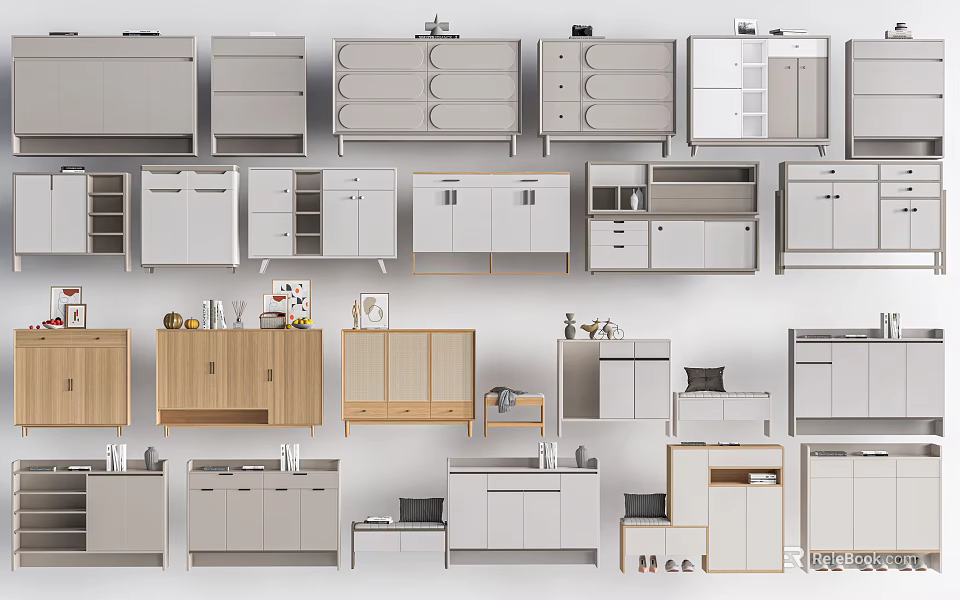 Modern Shoe Cabinet Collection With Various Styles Materials And Storage Designs 3d model