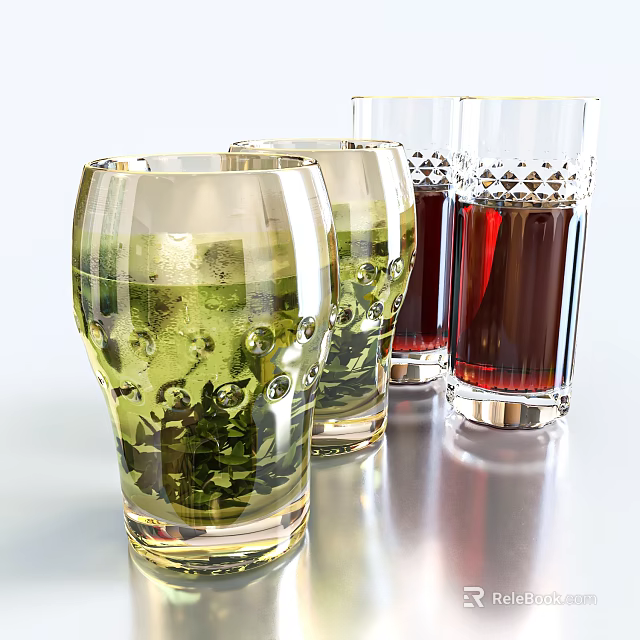 Patterned Transparent Glass Cups Holding Green Tea and Red Beverages with Ice Cubes 3d model 