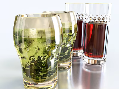 Patterned Transparent Glass Cups Holding Green Tea and Red Beverages with Ice Cubes 3d model