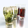 Patterned Transparent Glass Cups Holding Green Tea and Red Beverages with Ice Cubes