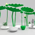 Relaxing Area With Large Green Lotus Leaves Water Droplets And Seated Person On White Cushions