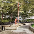 Residential Landscape Featuring People Enjoying Outdoor Red Green Trees Lawn Wooden Pathway And Lounge Chairs