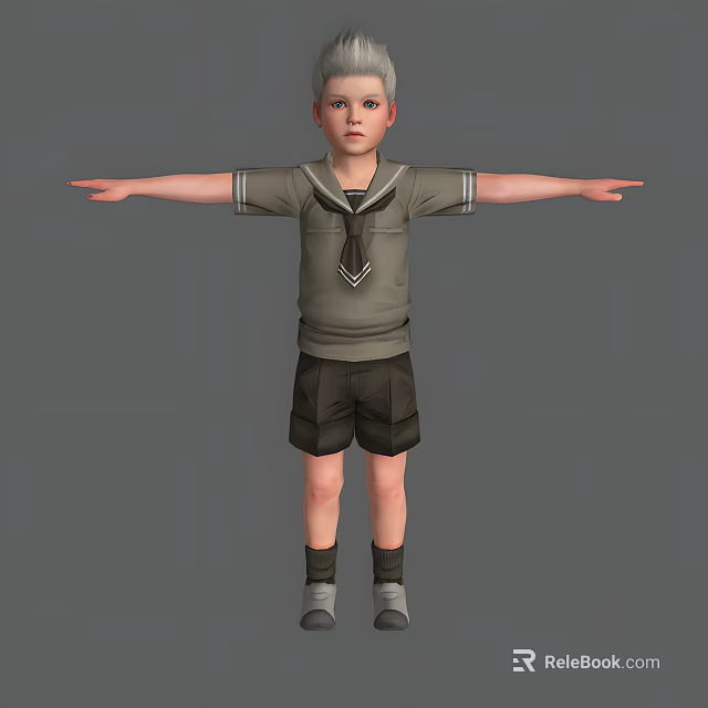 Man In Gray Short Sleeve Shirt And Tie Black Shorts Arms Outstretched Against Gray Background 3d model 