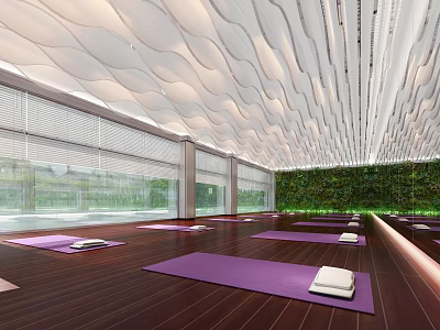 Indoor Yoga Fitness Space With Wooden Floors Green Plant Wall And Purple Mats 3d model