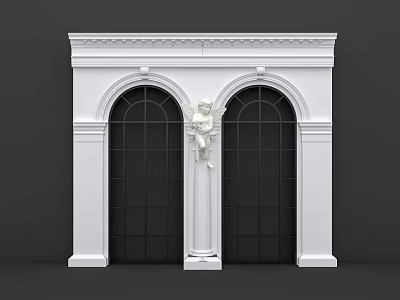 Ornate White Arched Doorways With Classical Design And Central Cherub Statue 3d model
