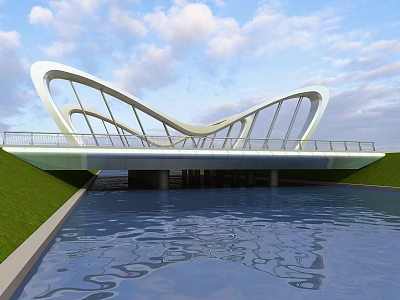 Modern White Unique Arch Bridge Design Spanning Water With Reflection and Green Grass 3d model