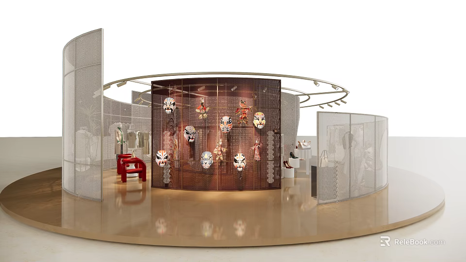 Modern Clothing Store Interior With Curved Display Wall Decorative Masks And Mannequins 3d model 