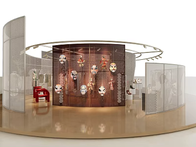 Modern Clothing Store Interior With Curved Display Wall Decorative Masks And Mannequins 3d model