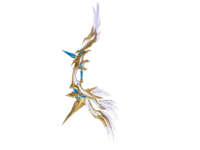 Golden Blue Winged Weapon With Decorative Bow Design And Streamlined Gemstones 3d model