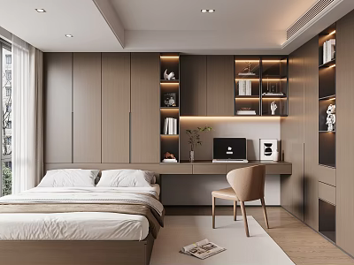 Tatami Bedroom Interior Design With Minimalist Wooden Cabinets Desk Chair And Natural Light 3d model