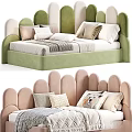 Kids Bed with Curved Headboard Brown Beige Pillows and Soft Blanket