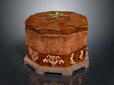 Brown Decorative Storage Box With Intricate Gold Patterns And Green Leaf Decoration On Top 3d model