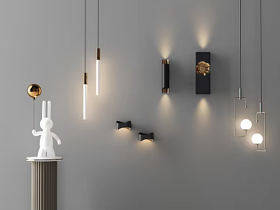 Modern Black and Gold Lighting Combinations with Pendant and Wall Lights on Gray Wall 3d model