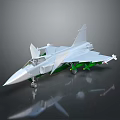 Detailed Silver Fighter Jet Model With Green Attachments On Dark Reflective Surface 3d model