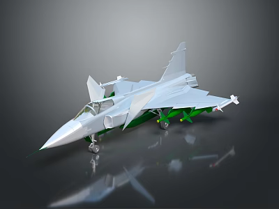 Detailed Silver Fighter Jet Model With Green Attachments On Dark Reflective Surface 3d model