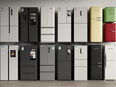 Diverse Refrigerators and Freezers with Multiple Colors and Styles Arranged Neatly in 3d model