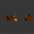 Living Room Interior With Brown Leather Sofa Armchair Rug Side Table Vase And Small Stool