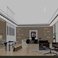 Modern Office Interior Design With Bookshelves Work Desk And Sofa Area 3d model