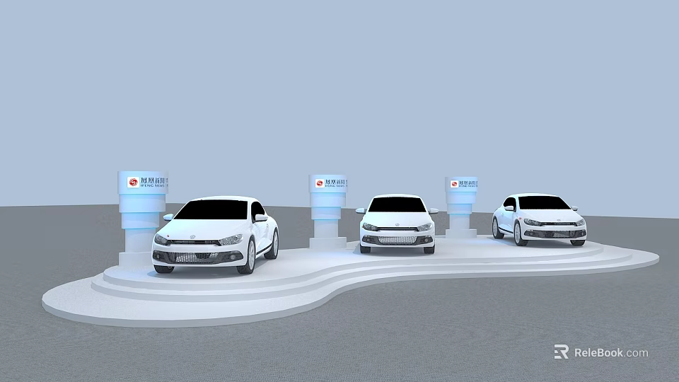 White Cars Showcased On White Platform With NIO Logo Pillars Display Scene 3d model 