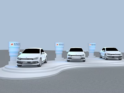 White Cars Showcased On White Platform With NIO Logo Pillars Display Scene 3d model